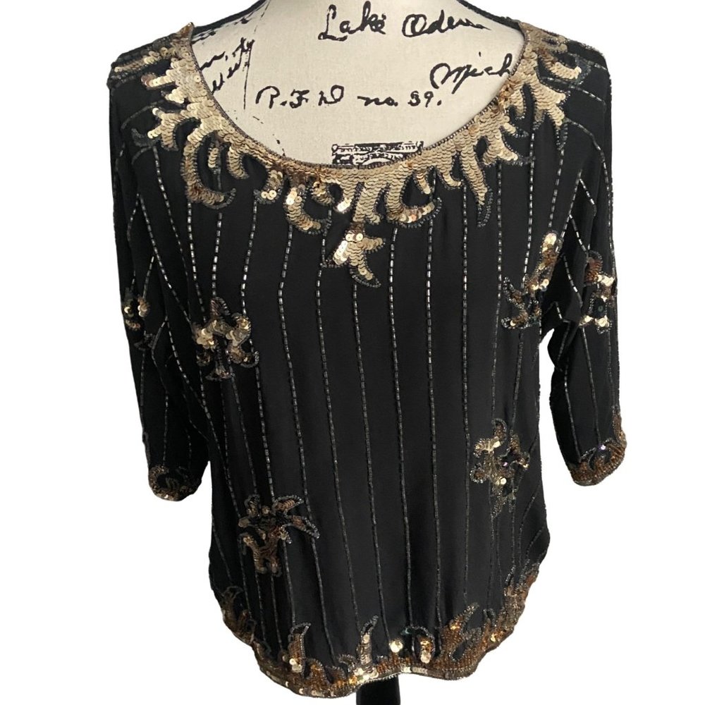 VTG Argenti Womens Black Party Top Size Medium Silk Beaded Sequined Vintage 80s